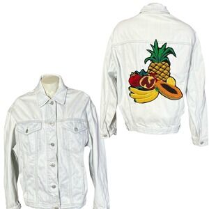 ZARA Denim Bleached Jacket Women's Size M Fruit Patch‎ Embroidered Back